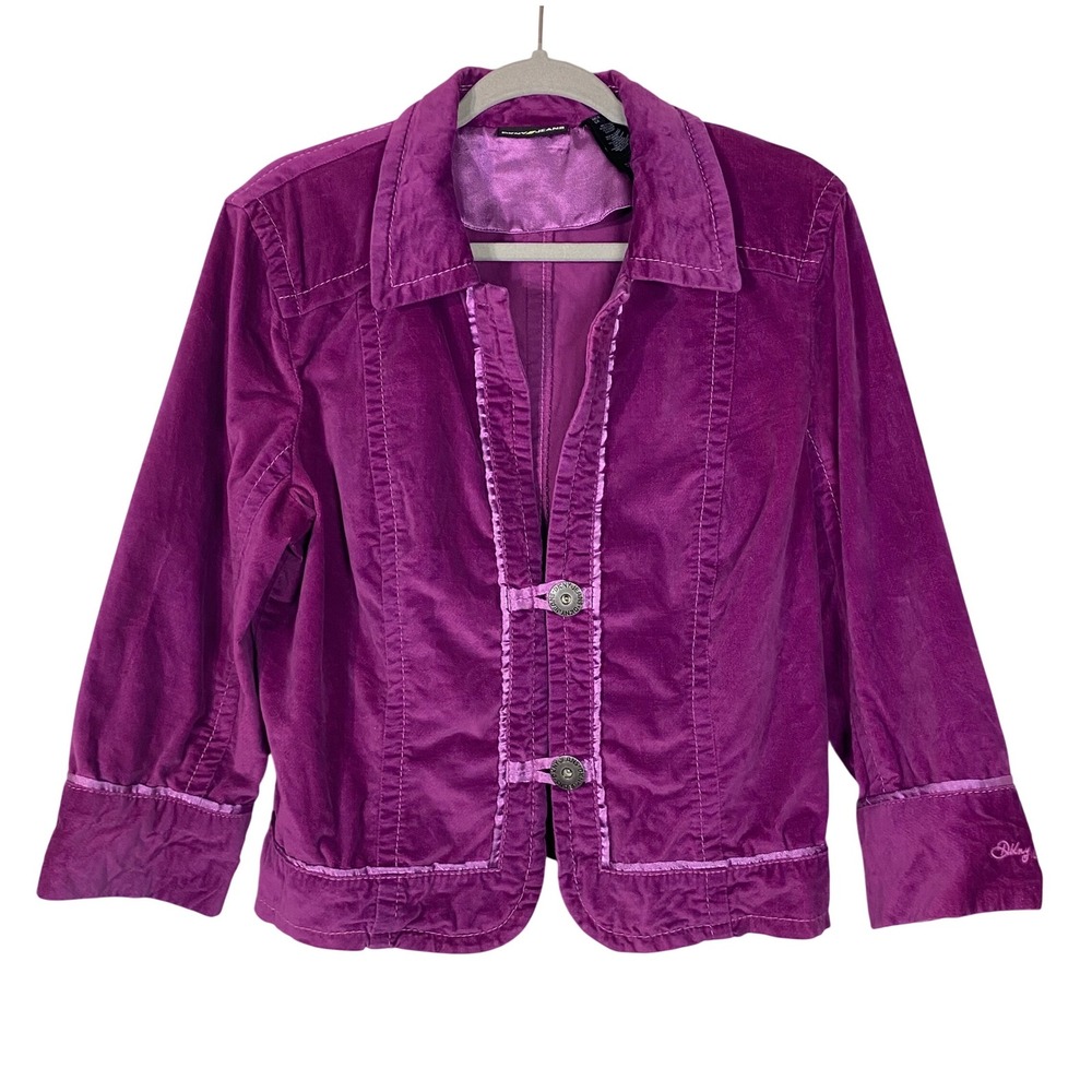 DKNY JEANS Vintage Y2K Velvet Blazer Jacket Size L Purple Stretch Cotton Velour